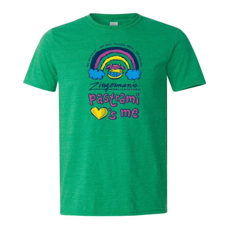 Zingerman's Pastrami Hearts Me Softstyle T-Shirt Heather Irish Green