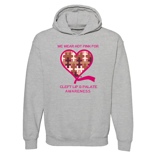 Fourth Quarter Faith We Wear Hot Pink Cleft and Palate Awareness Pullover Hooded Sweatshirt- Sport Grey